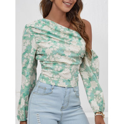 Asymmetrical Neck Lantern Sleeve Ruched Floral Top