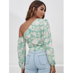 Asymmetrical Neck Lantern Sleeve Ruched Floral Top