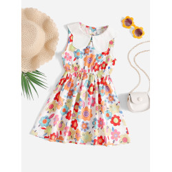 SHEIN Toddler Girls Contrast Peter Pan Collar Floral Print Dress