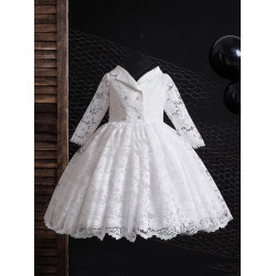 Toddler Girls Lapel Neck Pearl Beaded Tie Back Lace Gown Dress