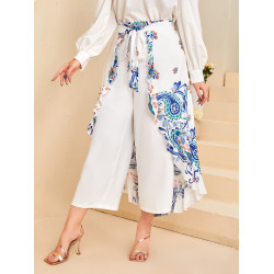 SHEIN Plus Paisley Print Belted Wide Leg Pants With Skirt
