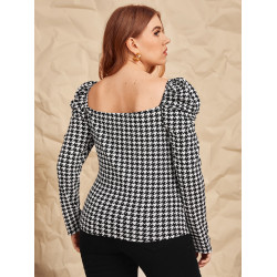 SHEIN Plus Puff Sleeve Houndstooth Top