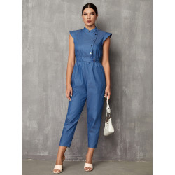 SHEIN Solid Stand Neck Ruffle Trim Jumpsuit