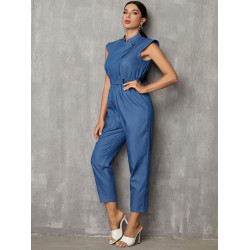 SHEIN Solid Stand Neck Ruffle Trim Jumpsuit