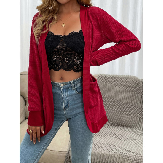 Waffle Knit Open Front Pocket Front Cardigan