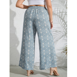 Plus Allover Print Belted Wide Leg Pants
