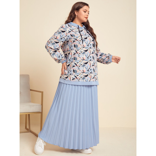 SHEIN Plus Allover Print Drawstring Hooded Top Maxi Pleated Skirt