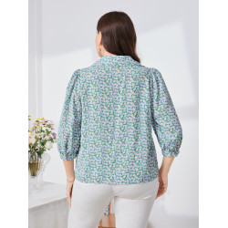 SHEIN Plus Ditsy Floral Print Knot Front Puff Sleeve Shirt