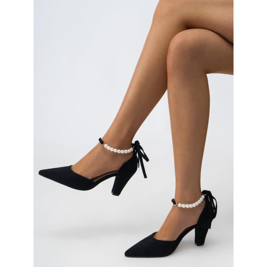 Faux Pearl Decor Point Toe Cone Heeled Ankle Strap Pumps