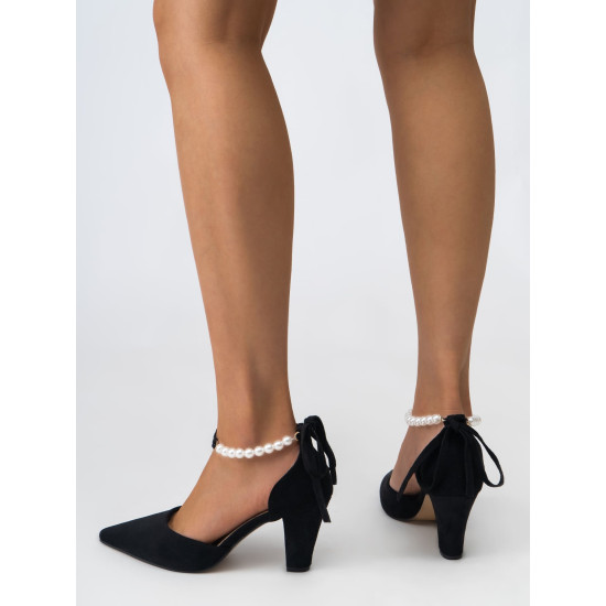Faux Pearl Decor Point Toe Cone Heeled Ankle Strap Pumps