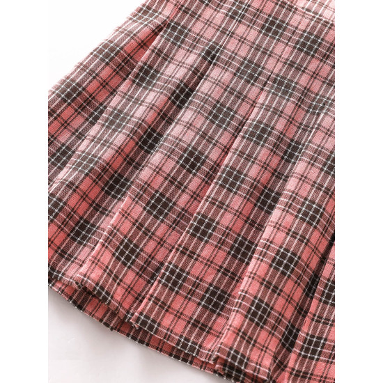 Girls Plaid Print Frill Trim Blouse Pleated Skirt