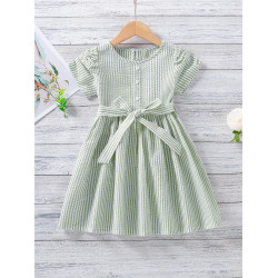 Toddler Girls Striped Puff Sleeve Belted Dress