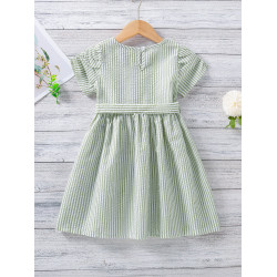 Toddler Girls Striped Puff Sleeve Belted Dress